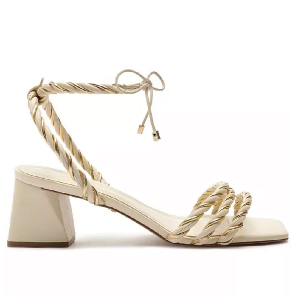 New in Box Arezzo Sawyer Mid Block Sandals Ivory with Gold Trim Elegant Summer - Picture 2 of 11